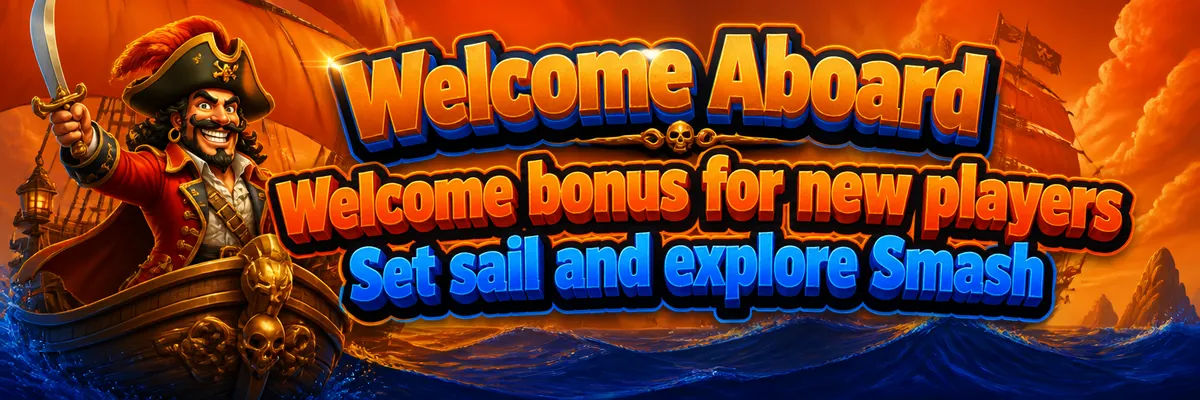 Grinning pirate captain brandishes a curved sword on a lively ship at sea, with treasure and distant vessels.